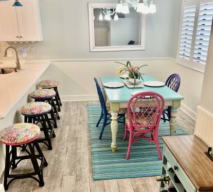 Colorful kitchen easily seats 8 